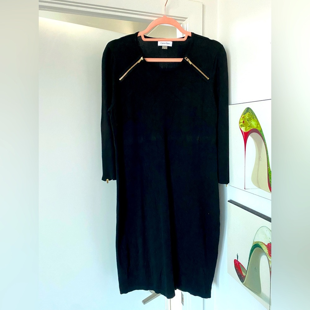 Calvin Klein Sweater Dress with Gold Zipper Accents